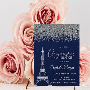 Invitation Diamants Argent,Tour Eiffel Quinceanera Bleu Marin