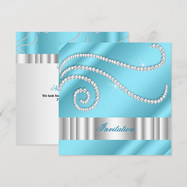 Invitation Diamants Bijou Bleu Blanc Fête d'Anniversaire Arge (Devant / Derrière)