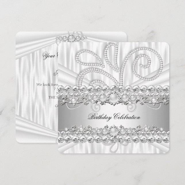 Invitation Diamants Blanc Argent Perle Elégante Fête d'Annive (Devant / Derrière)