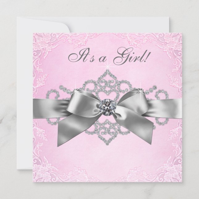 Invitation Diamants blancs Baby shower rose et gris (Devant)