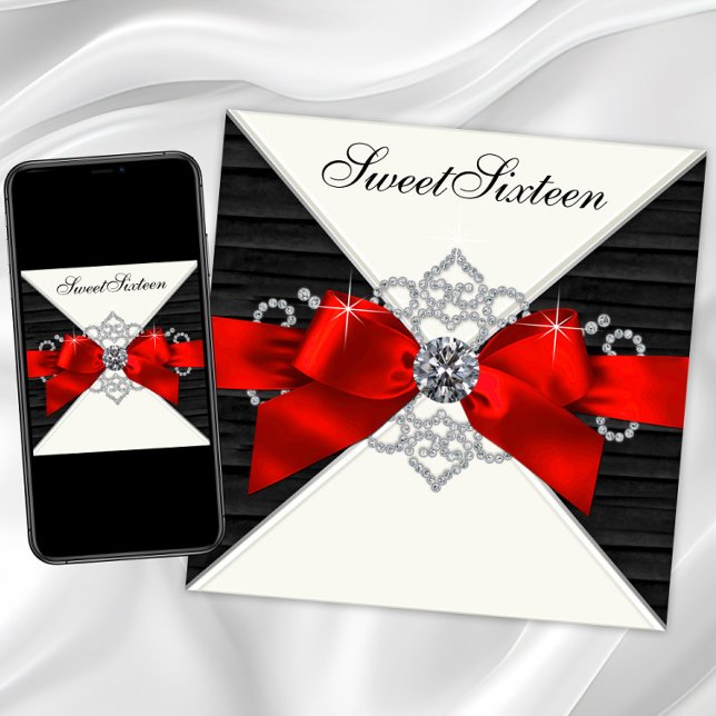 Invitation Diamants blancs Black Red Sweet 16 Anniversaire (Red and black Sweet 16 invitation with red bow and diamonds. Red and black any occasion invitation.)