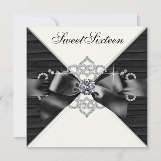 Invitation Diamants Blancs Fête d'anniversaire Sweet 16 Noir  (Devant)