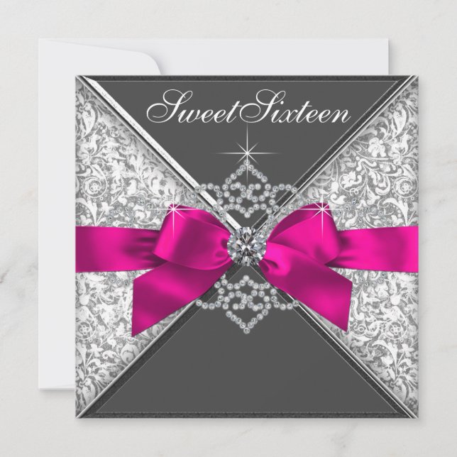 Invitation Diamants Blancs Rose Chaud Sweet 16 Fête d'anniver (Devant)