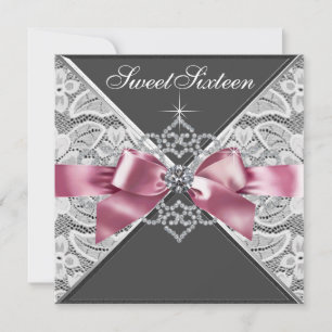 Invitation Diamants Blancs Rose Noir Sweet 16 Fête d'annivers