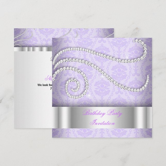 Invitation Diamants Blancs Violets Fête d'Anniversaire en Dam (Devant / Derrière)
