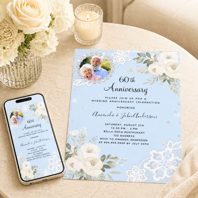 Invitation Diamants bleus floraux 60e anniversaire de mariage (Créateur téléchargé)