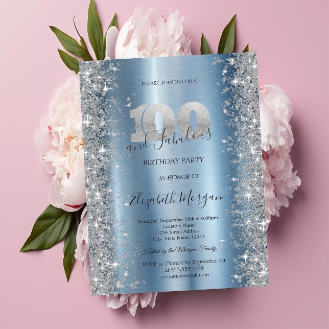 Invitation Diamants Blue Silver Sparkle 100e Anniversaire (Créateur téléchargé)