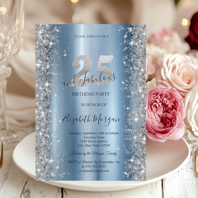 Invitation Diamants Blue Silver Sparkle 25e Anniversaire (Créateur téléchargé)