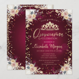Invitation Diamants Burgundy Citrouille Floral Quinceañera