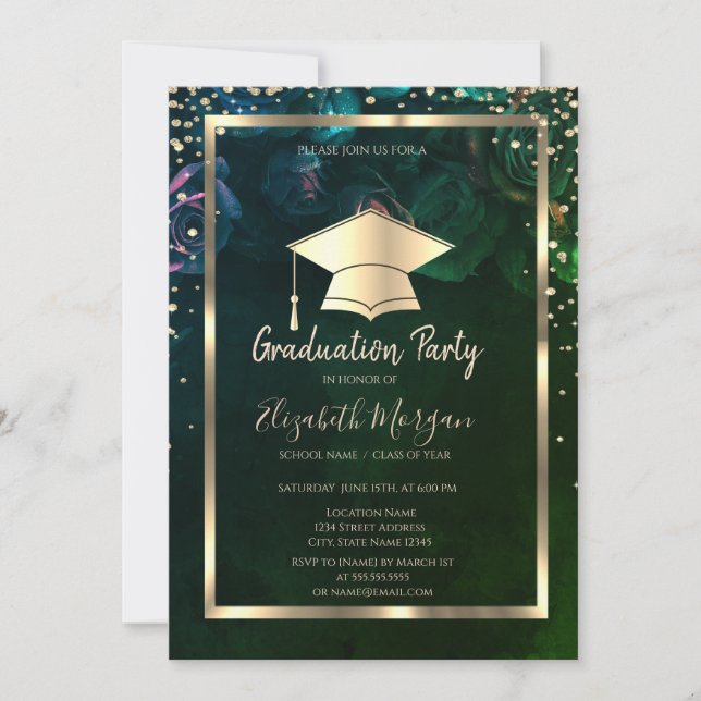 Invitation Diamants Cap Grad Chic Roses Diplôme  (Devant)