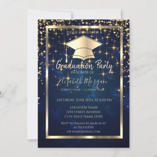 Invitation Diamants Cap Grad Étoiles Bleu Remise Diplômes  (Devant)