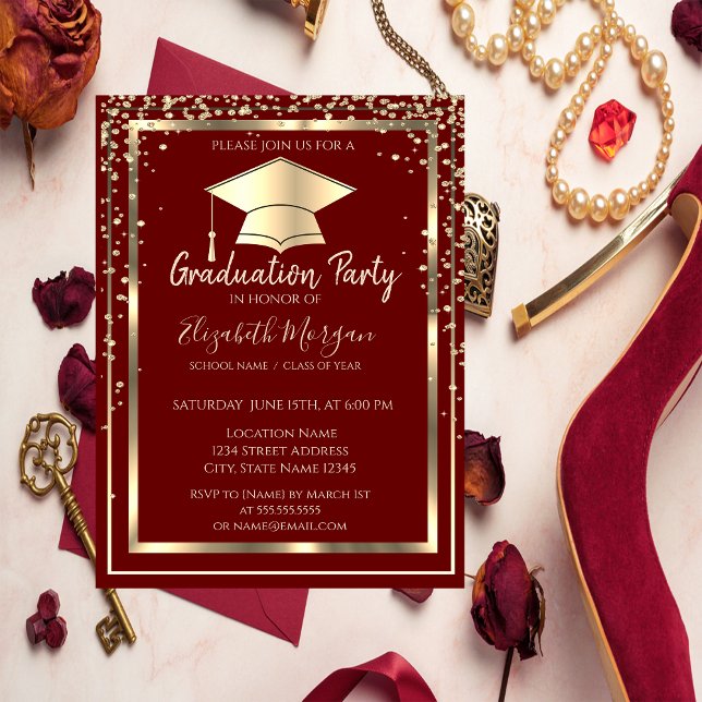 Invitation Diamants Cap Grad Or Rouge Diplômé  (Créateur téléchargé)