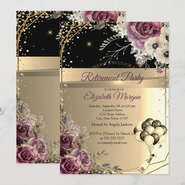 Invitation Diamants Chic Ballons Fleurs Fête de Retraite (Devant / Derrière)