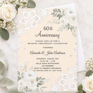 Invitation Diamants crème floraux 60e anniversaire de mariage