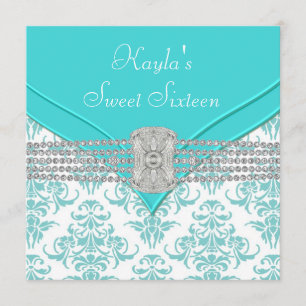 Invitation Diamants Damassé Bleu Turquoise Anniversaire Sweet