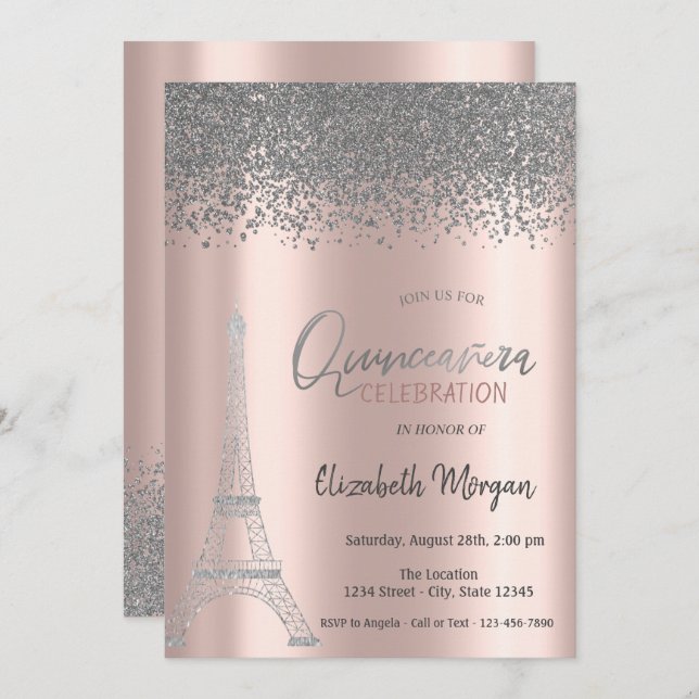 Invitation Diamants d'argent Rose or, Tour Eiffel Quinceanera (Devant / Derrière)