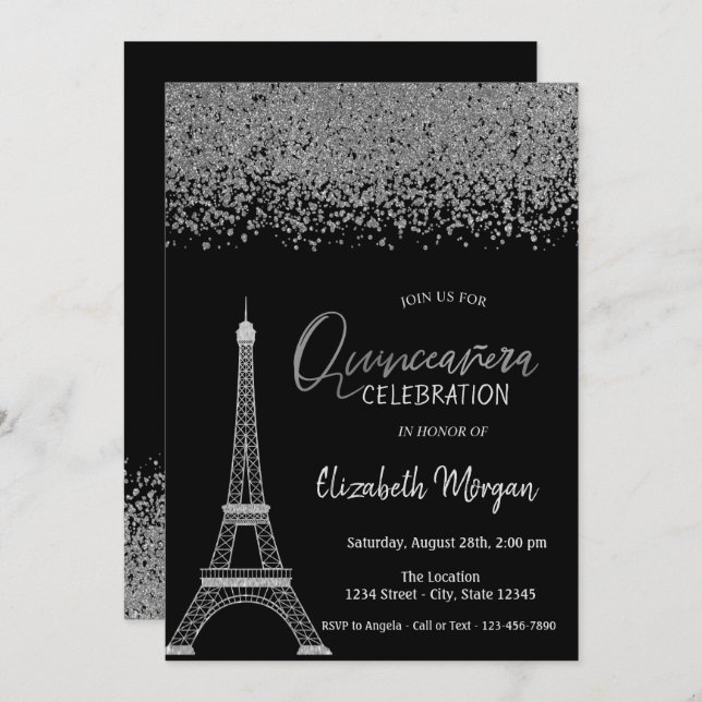 Invitation Diamants d'argent, Tour Eiffel Quinceañera Noir (Devant / Derrière)