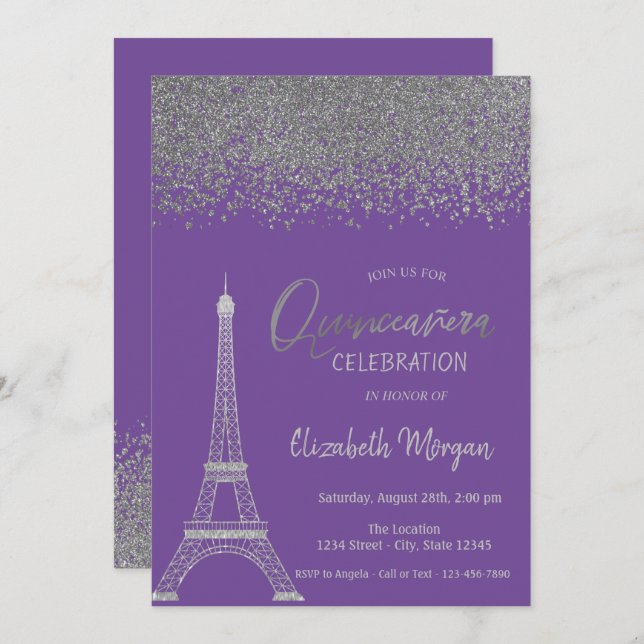 Invitation Diamants d'argent, Tour Eiffel Violet Quinceanera (Devant / Derrière)