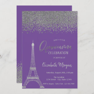 Invitation Diamants d'argent, Tour Eiffel Violet Quinceanera