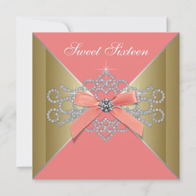Invitation Diamants de corail Coral Gold Sweet 16 Anniversair (Devant)