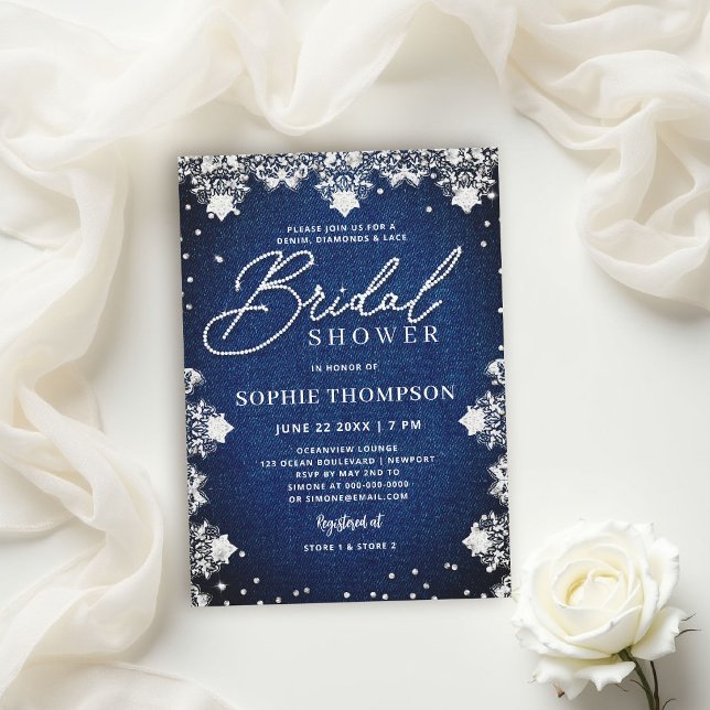 Invitation Diamants de Denim Dentelle Bleue Élégant Lancement (denim diamonds and lace bridal shower invitations template blue and white elegant classy chic)