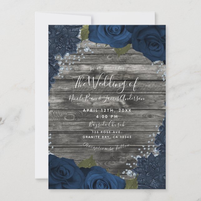 Invitation Diamants de denim Roses Bois rustique Crème Dentel (Devant)