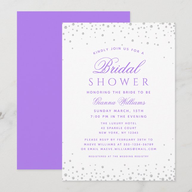 Invitation Diamants de lavande Fête des mariées moderne de lu (Devant / Derrière)