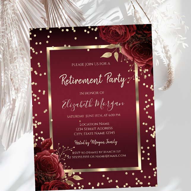 Invitation Diamants de luxe Roses rouges foncées Retraite (Créateur téléchargé)