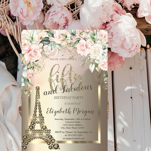 Invitation Diamants de luxe Tour Eiffel, Roses de bordure 50è (Créateur téléchargé)