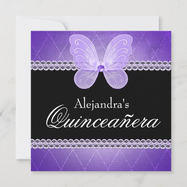 Invitation Diamants de papillon Quinceanera violet (Devant)