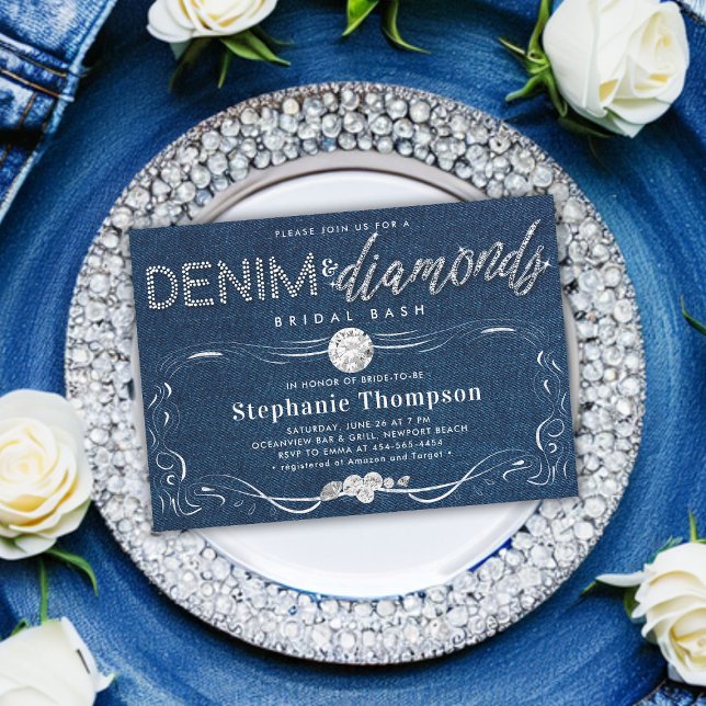 Invitation Diamants Denim Flourish Classy Bridal Bash Douche (denim and diamonds bridal party bash shower invitation classy simple whimsical flourish country chic)
