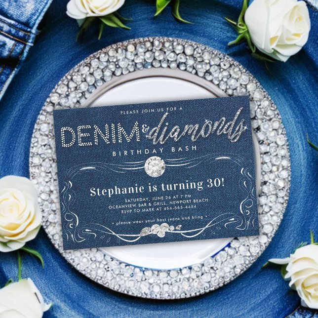 Invitation Diamants Denim Flourish Frame Classy 30e anniversa (denim and diamonds 30th birthday party classy modern simple whimsical flourish script hand written )