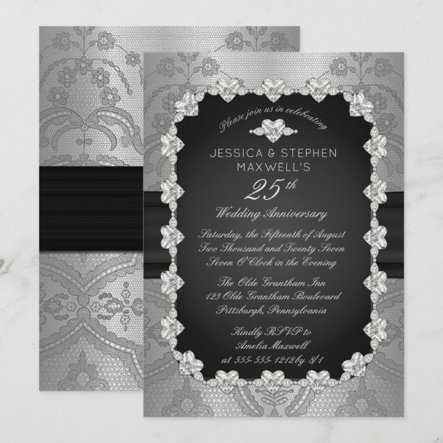 Invitation Diamants | Dentelle 25e anniversaire de mariage (Devant / Derrière)