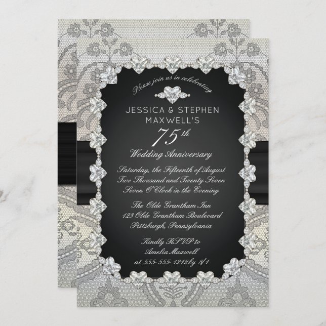 Invitation Diamants | Dentelle 75e Anniversaire de mariage (Devant / Derrière)