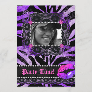Invitation Diamants dentelle fête d'anniversaire Zebra Purple