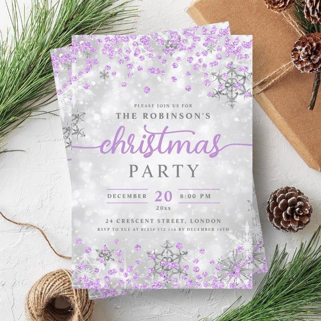 Invitation Diamants d'hiver argenté violet de Noël (Silver Winter Diamonds Christmas Purple Invitation)