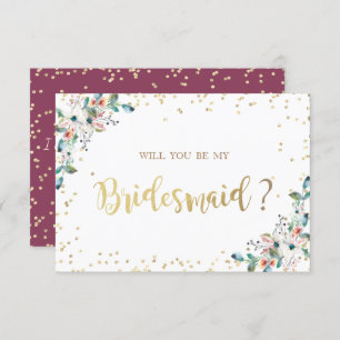 Invitation Diamants d'or Burgundy Flowers Bridesmaid Card