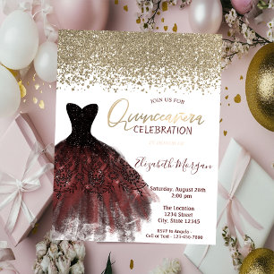 Invitation Diamants d'or, élégante robe Bourgogne Quinceañera