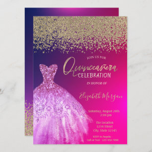 Invitation Diamants d'or, élégante robe chic Quinceañera