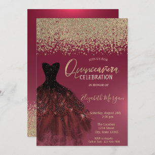 Invitation Diamants d'or, élégante robe Quinceanera rouge