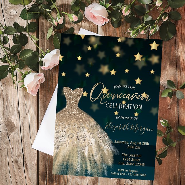 Invitation Diamants d'or, Élégantes Stars de Robe Quinceañera (Créateur téléchargé)