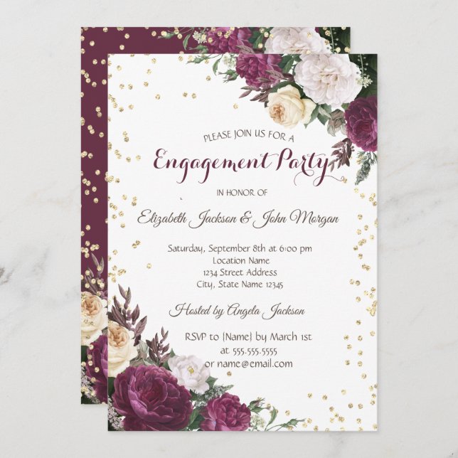 Invitation Diamants d'or Fiançailles floral Bourgogne (Devant / Derrière)