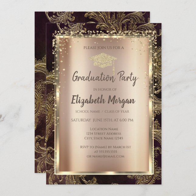 Invitation Diamants d'or Floral Damask Graduation (Devant / Derrière)