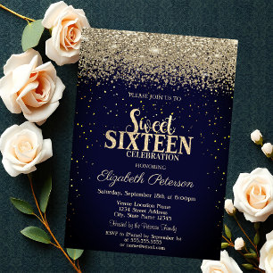 Invitation Diamants d'or moderne Confetti Blue Sweet 16