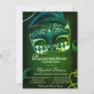 Invitation Diamants d'or moderne Mascarade Green Quinceañera