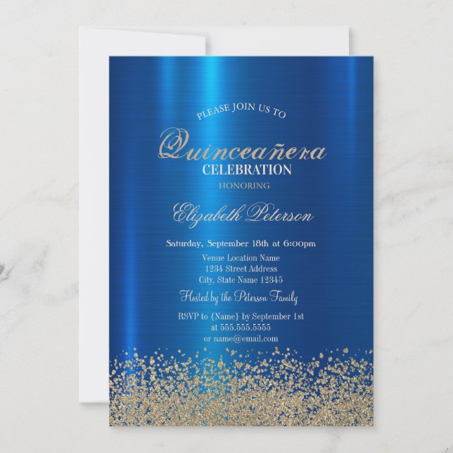 Invitation Diamants d'or moderne Quinceañera en métal bleu (Devant)