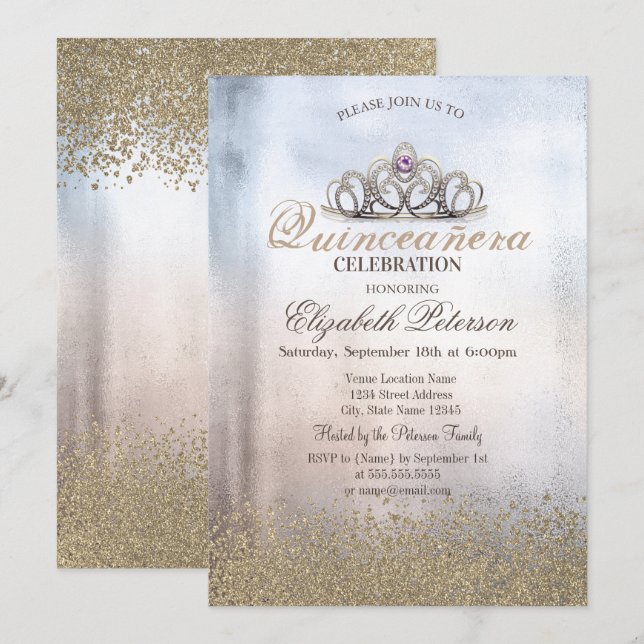 Invitation Diamants d'or moderne, Tiara Metallic Quinceañera (Devant / Derrière)