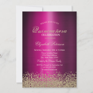 Invitation Diamants d'or moderne violet métal Quinceañera