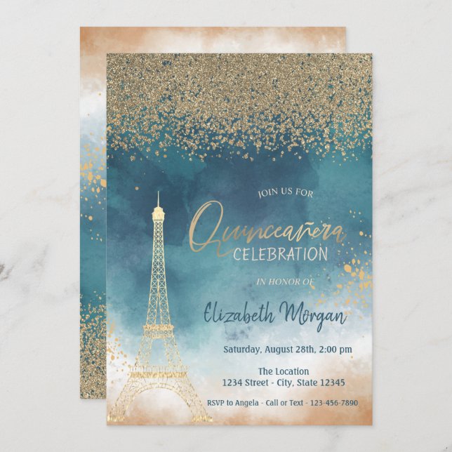Invitation Diamants d'or, Peinture tour Eiffel Splash Quincea (Devant / Derrière)