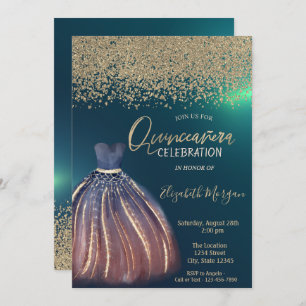 Invitation Diamants d'or, Robe Chic Verte Quinceañera